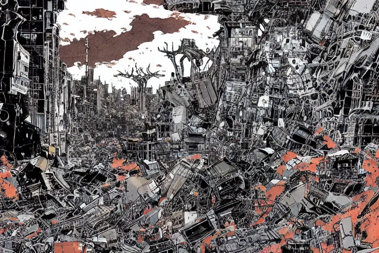 Image similar to no man's land, remnants of the human civilization, post-apocalyspe, a color illustration by Tsutomu Nihei, Tetsuo Hara and Katsuhiro Otomo