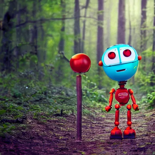 Image similar to cute robot wearing a tomato hat and a walking stick, trekking in a forest, pixar style
