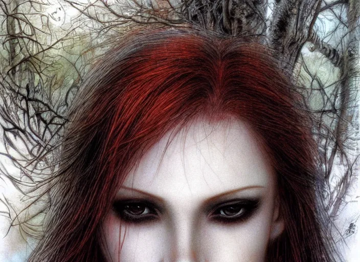 Image similar to award winning face close up portrait of a redhead in a park by luis royo and eyes by hr giger