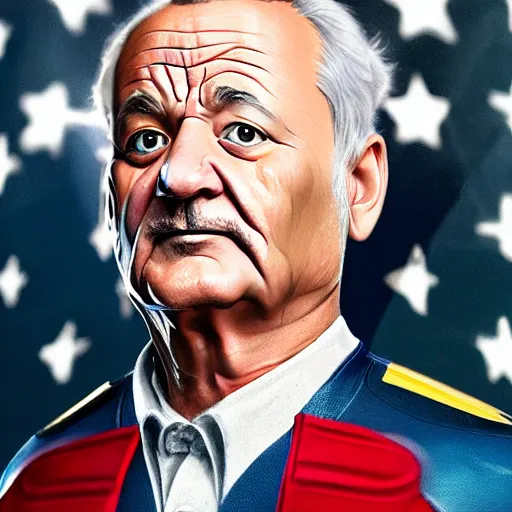 Prompt: stunning portrait photograph of Bill Murray cosplaying as Captain America by the genius photographer of our era, 8K HDR hyperrealism
