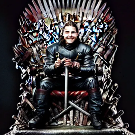 Prompt: skrillex sitting on the iron throne of game of thrones