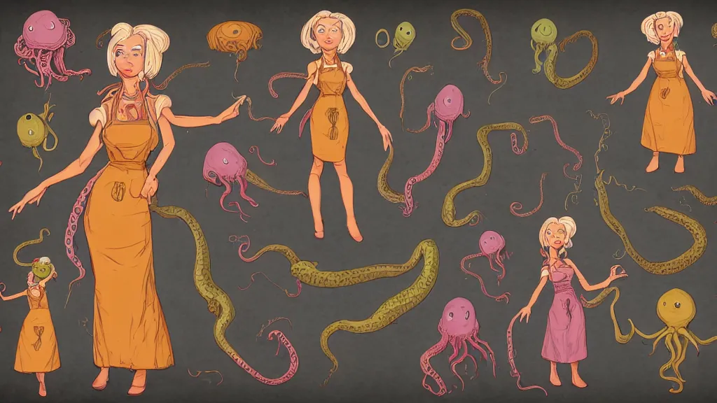 Image similar to aged paper, colorful character sheet for a stocky alien extraterrestrial female servant maid with thick snake - like tentacles instead of hair, long dress with apron, jim henson creature shop, coherent, illustration, digital art, trending on artstation, hd, 8 k, good lighting, beautiful, rough paper, masterpiece