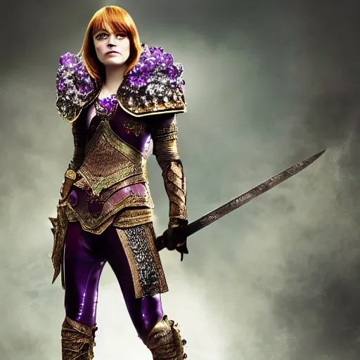 Image similar to full body photo of emma stone as a warrior with amethyst encrusted armour