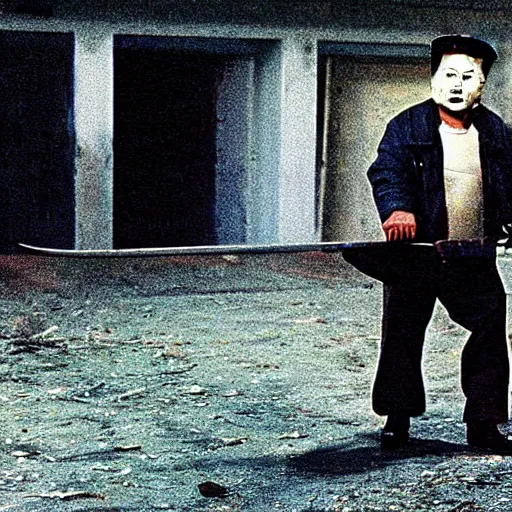 Prompt: a still of Kim Jong-il as Jason Voorhees, north Korean slasher, iconic hockey mask, machete, 35mm film