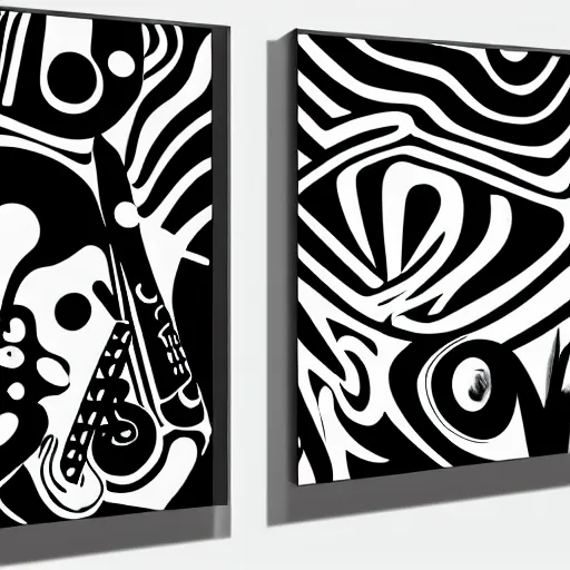 Image similar to visual representation of be - bop jazz music, black and white, abstract, dark, unreal, insightful, philosophical, moma museum,