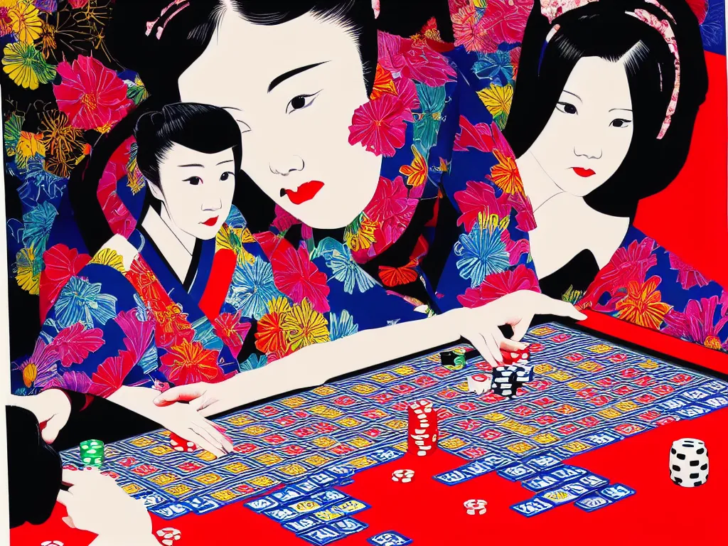 Image similar to hyperrealistic composition of the detailed woman in a japanese kimono sitting at a extremely detailed poker table with detailed darth vader, fireworks, mount fuji on the background, pop - art style, jacky tsai style, andy warhol style, acrylic on canvas