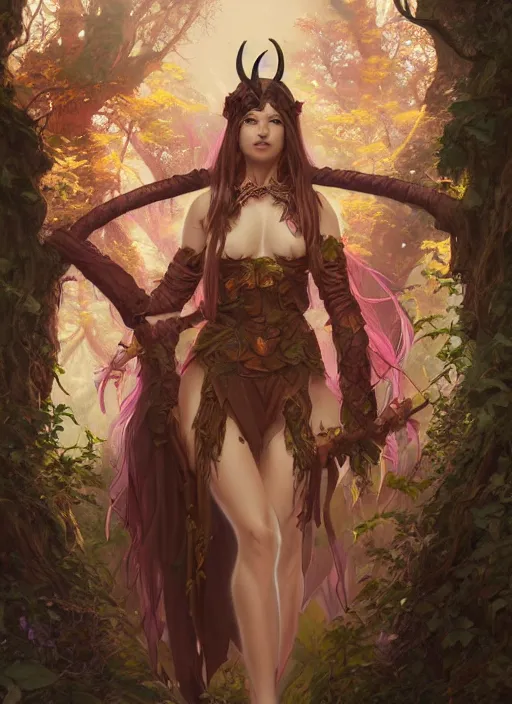 Image similar to innocent cute Tiefling Druid with long horns, colorful leaves on light leather armor, glowing tree staff, light-brown skin, highly detailed, digital painting, artstation, concept art, sharp focus, illustration, art by artgerm and greg rutkowski and alphonse mucha