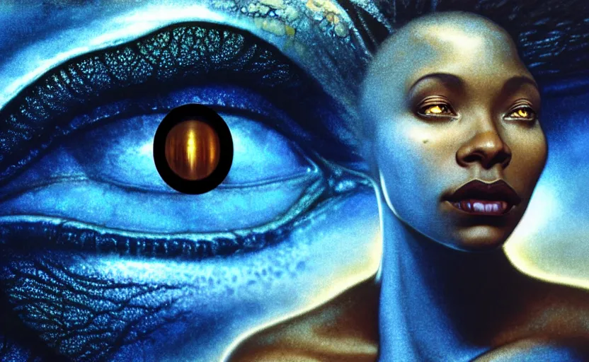 Image similar to realistic detailed photorealistic film close up portrait shot of a beautiful black woman, sci-fi landscape with a dragon on background by Denis Villeneuve, Amano, Yves Tanguy, Alphonse Mucha, Ernst Haeckel, Andrei Tarkovsky, Edward Robert Hughes, Roger Dean, rich moody colours, wide angle, blue eyes