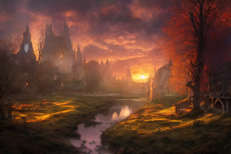 Image similar to a medieval celtic village with a stream in a forested valley, sunset with ominous shadows by jessica rossier and brian froud cinematic painting