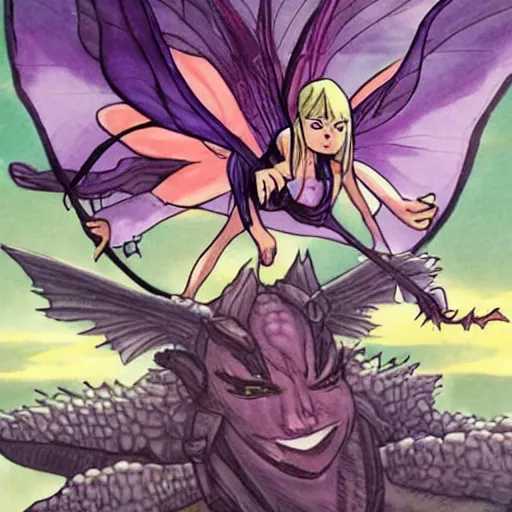 Prompt: flying fairy fighting against dragon demon in style of bryan lee o'malley