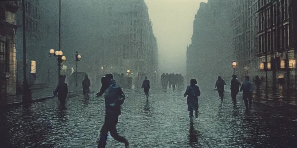 Image similar to detailed medium format photo, polaroid still from tarkovsky movie, people running on wet street by buildings in city, haze, high production value, intricate details, 8 k resolution, hyperrealistic, hdr, photorealistic, high definition, technicolor, award - winning photography, masterpiece, amazing colors