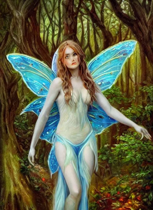 Image similar to beautiful oil painting full body portrait fairy faerie fey queen standing in forest highly detailed subtle enchanting