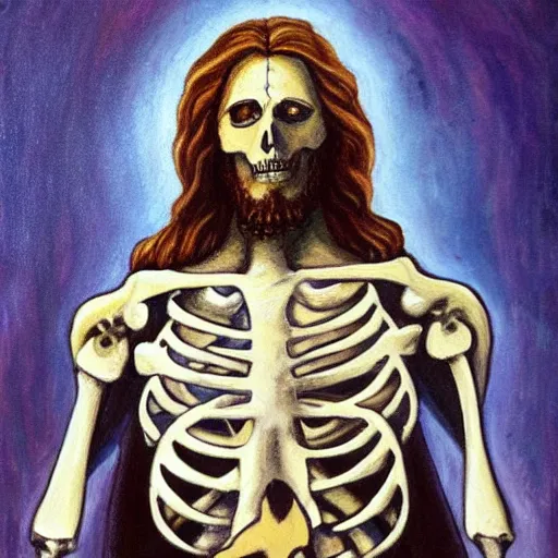 Prompt: a detailed painting of Jesus Christ skeleton standing with a background of apocalypse on earth