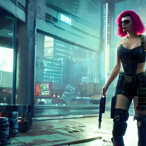 Image similar to scarlett johansson after a bad mission in Cyberpunk 2077. CP2077. 3840 x 2160