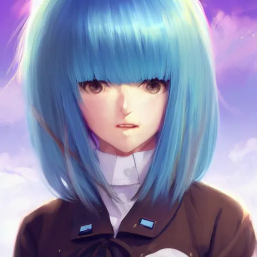 Prompt: profile shot of rimuru tempest looking forward, sky blue hair, straight hair, pretty, long bangs, gold amber eyes, black jacket with white stripes and a high frilly collar, highly detailed, unreal engine 5, digital painting, concept art, cinematic, wlop | artgerm, pixiv, ilya kuvshinov, greg rutkowski