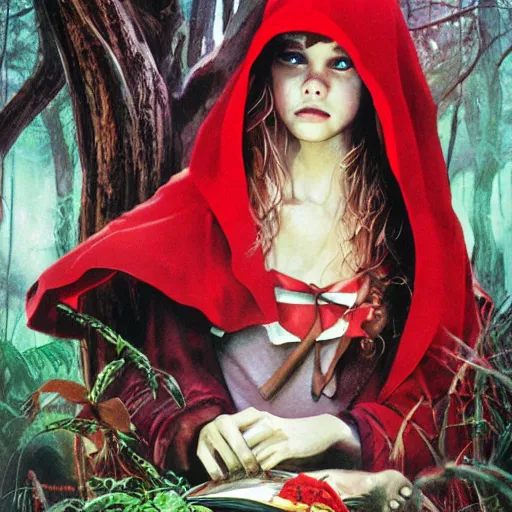 Prompt: red riding hood poster by drew struzan
