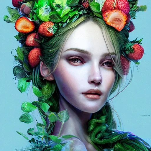 Image similar to the portrait of an absurdly beautiful, graceful, elegant, sensual woman made of strawberries and green petals, an ultrafine hyperdetailed illustration by kim jung gi, irakli nadar, intricate linework, bright colors, octopath traveler, final fantasy, angular, unreal engine 5 highly rendered, global illumination, radiant light, detailed and intricate environment