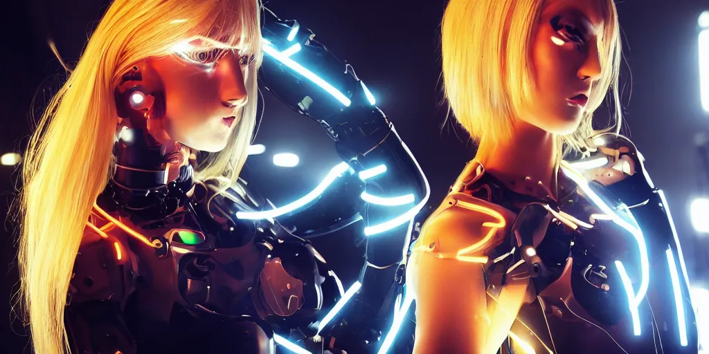 Image similar to a beautiful female blonde android cyborg neon light