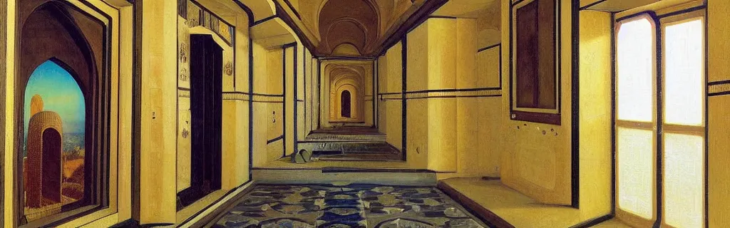Prompt: sci - fi corridor interior with windows to outer space, with middle eastern interior aesthetic, islamic interior design, orientalist painting, by antoine jean gros, theodore chasseriau, pre - raphaelite brotherhood, oil painting on canvas, masterpiece,