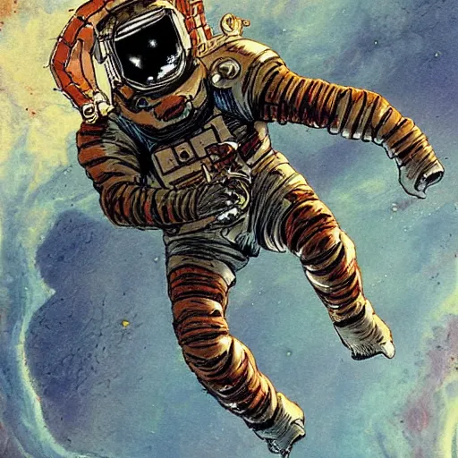 Image similar to Dead Space spacesuit, on a spacewalk, in the style of Frank Frazetta and Moebius