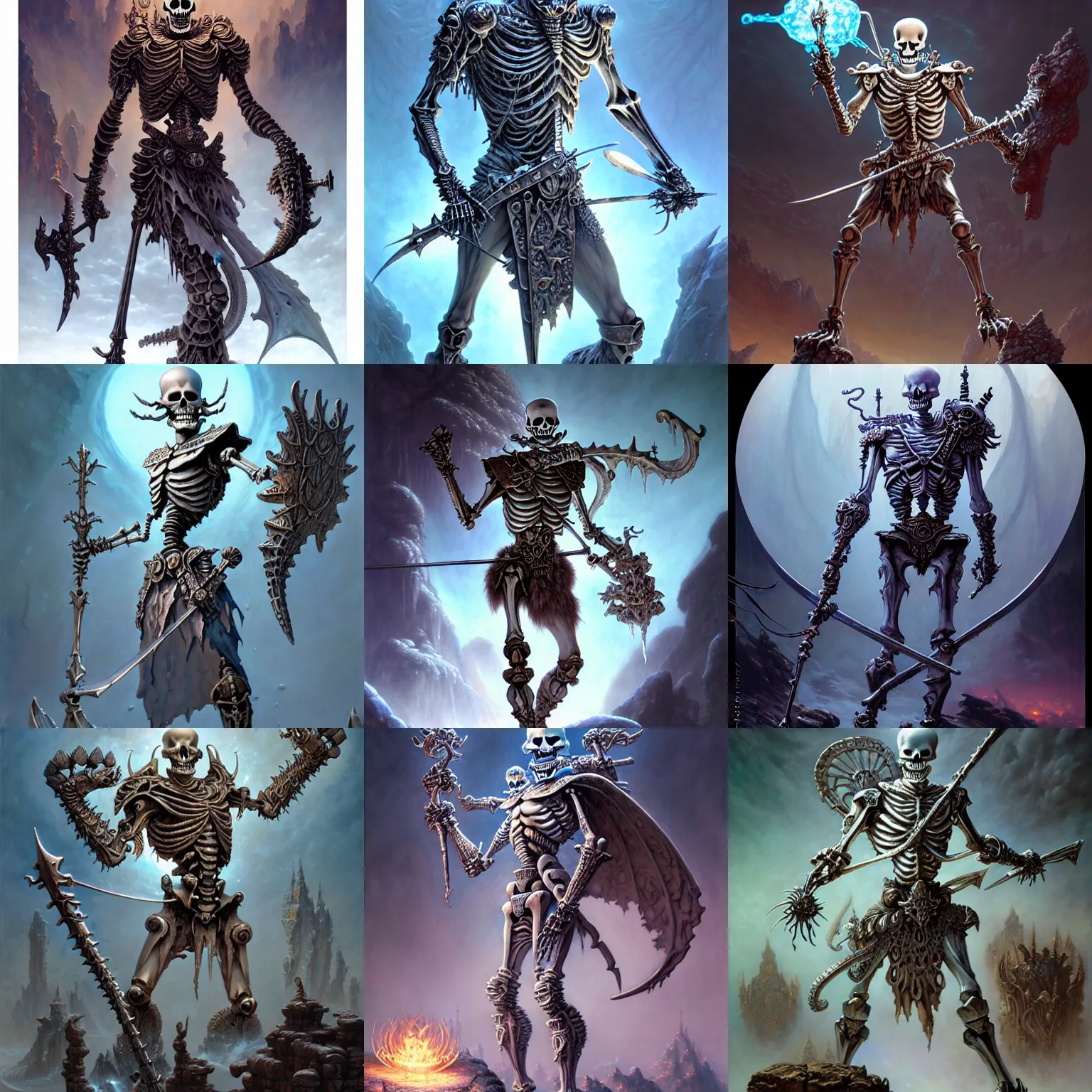 Prompt: fantasy skeleton warrior with icy powers, ultra realistic, wide angle, intricate details, the fifth element artifacts, highly detailed by peter mohrbacher, hajime sorayama, wayne barlowe, boris vallejo, aaron horkey, gaston bussiere, craig mullins