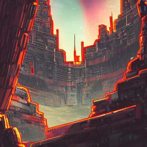 Image similar to stone castle in the style of cyberpunk ontop of a mountain, space sky, anime illustration,