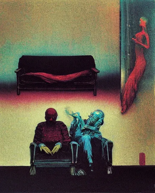 Image similar to early color photo of an old dead couple sitting on a couch in an old soviet apartment, Beksinski painting, part by Adrian Ghenie and Gerhard Richter. art by Takato Yamamoto, Francis Bacon masterpiece