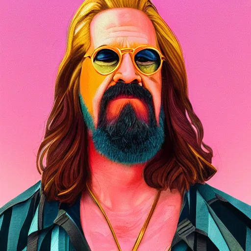 Prompt: close - up portrait, golden hour, colorful clouds, the dude from the big lebowski, flowers as hair, painting, digital painting, artstation, lauren brevner, kehinde wiley