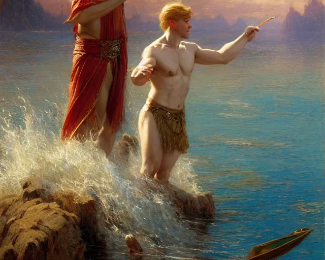 Image similar to attractive male wizard casting powerful wave water spell in a beautiful lake. highly detailed painting by gaston bussiere, craig mullins, j. c. leyendecker 8 k