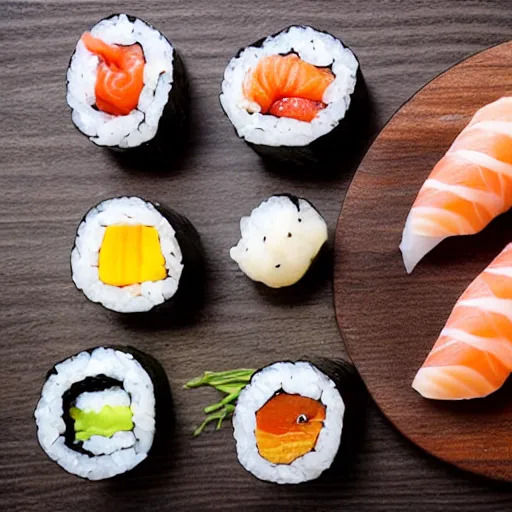 Prompt: various nigiri on a wooden board, sushi galore, food photography