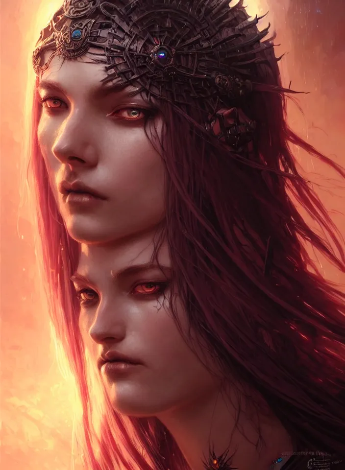 Image similar to Necromancer Sorceress face close-up macro in center, fantasy magic, undercut hairstyle, dark light night, intricate, elegant, sharp focus, illustration, highly detailed, digital painting, concept art, matte, art by WLOP and Artgerm and Greg Rutkowski and Alphonse Mucha, masterpiece