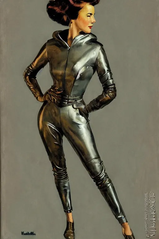 Image similar to 5 0 s pulp scifi fantasy illustration full body portrait elegant slim mature woman in leather spacesuit, dynamic, by norman rockwell, roberto ferri, daniel gerhartz, edd cartier, jack kirby, howard v brown, ruan jia, tom lovell, frank r paul, dean cornwell, astounding stories, amazing, fantasy, other worlds