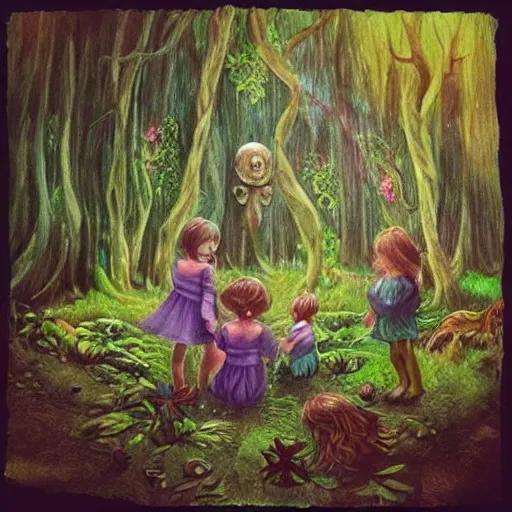 Image similar to “ childs in a magical forest making ritual, artwork, fantasy, face detailed ”