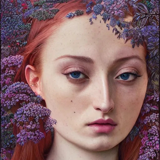 Image similar to sophie turner, exterior botanical garden, portrait face, colorful, frantisek kupka, intricate, miles johnston, kuroda seiki, cynical realism, ozabu, john william godward, painterly, yoshitaka amano, moebius, miles johnston, louise zhang, james jean, mark ryden lowbrow pop surrealism art style