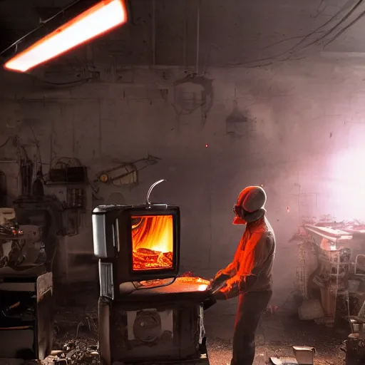 Image similar to cyborg toaster oven repairman, dark messy smoke - filled cluttered workshop, dark, dramatic lighting, orange tint, sparks, plasma rays, cinematic, highly detailed, sci - fi, futuristic, movie still, rule of thirds composition