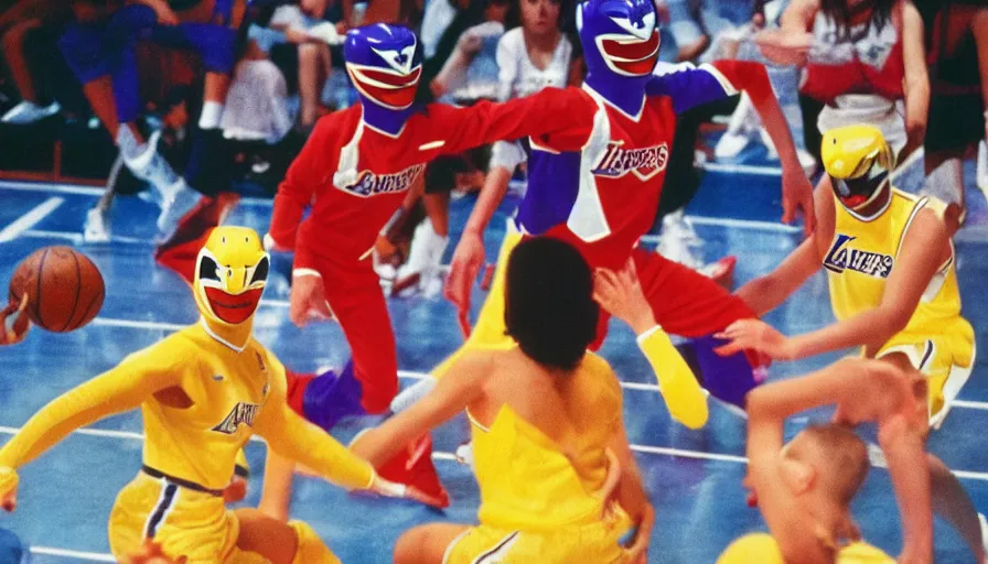 Image similar to power rangers playing basketball against the los angeles lakers, cinestill 8 0 0 t 3 5 mm eastmancolor, heavy grain, high quality, high detail