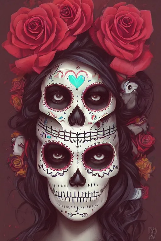 Prompt: Illustration of a sugar skull day of the dead girl, art by peter mohrbacher