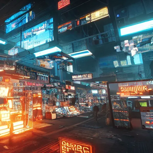 Prompt: cyberpunk marketplace, Highly Detailed, Ray Tracing