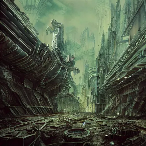 Image similar to abandoned ruined futuristic mega city, gothic art, color, detailed, eerie, emotional, sad, highly detailed, sharp focus, motherboard, Artstation, deviantart, artgem, insane detail, watercolor, golden ratio, n the style of Heavy Metal Comics