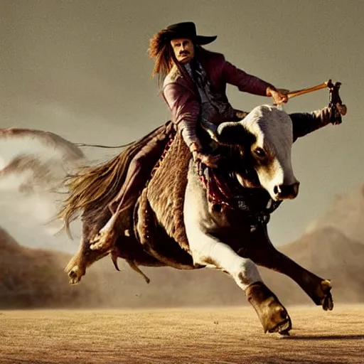 Image similar to Johnny Depp riding a bull, 8k ultra hd, hyper detailed