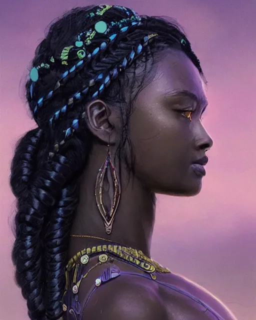 Prompt: fancy side profile concept art of a gorgeous dark skinned goddess with decorated braided hair and crystals on her cheeks and forehead, by Greg Rutkowski, beeple, Sung Choi, Mitchell Mohrhauser, Maciej Kuciara, Johnson Ting, Maxim Verehin, Peter Konig, identical eyes, gazing eyes, stunning, gorgeous, beautiful eyes medium shot, fantasy, featured on artstation, cinematic lighting, hyperdetailed, cgsociety, 8k, golden ratio, dark atmosphere, dramatic, alluring