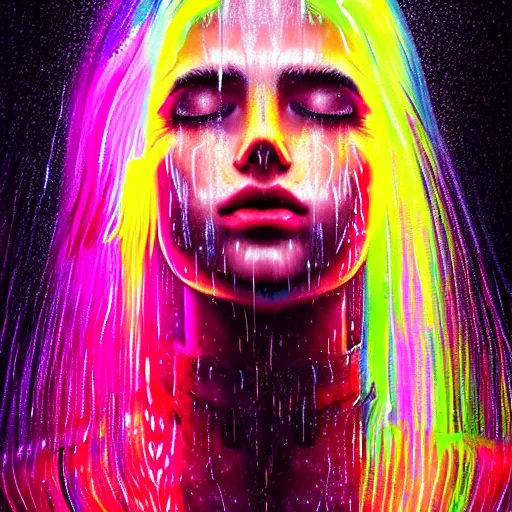 Image similar to bright asthetic portrait LSD glowing backlit rain on face and wet hair in strands, overhead lighting, fantasy, intricate, elegant, dramatic lighting, highly detailed, lifelike, photorealistic, digital painting, artstation, illustration, concept art, smooth, sharp focus, art by John Collier and Albert Aublet and Krenz Cushart and Artem Demura and Alphonse Mucha