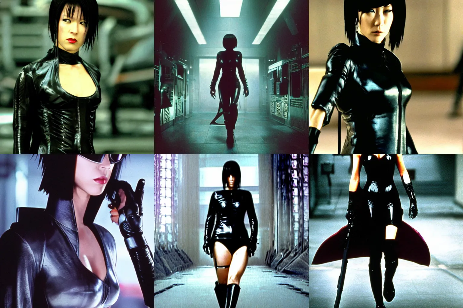 Prompt: motoko kusanagi as trinity in the matrix, directed by the wachowskis, goth makeup, goth clothes, movie still