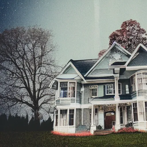 Image similar to a picture of a house taken with a vhs effect overlaying it