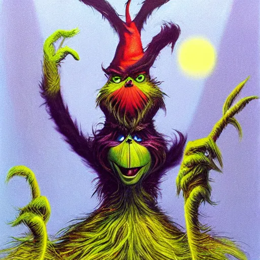 Image similar to the Grinch is Sauron, surrealist, contemporary painting