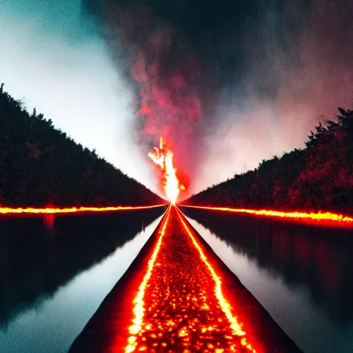 Image similar to Long bridge to hell, dslr, hyper realistic, photojournalism, scary, firey, disturbing