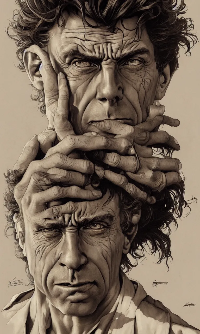 Image similar to hyper realistic portrait of rick sanchez by lee bermejo, alphonse mucha and greg rutkowski