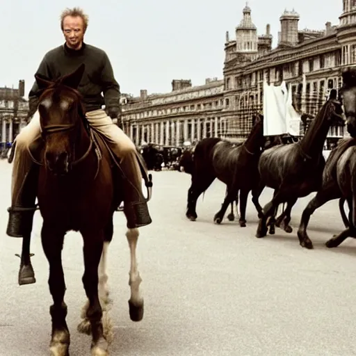 Image similar to clint eastwood riding a horse through london