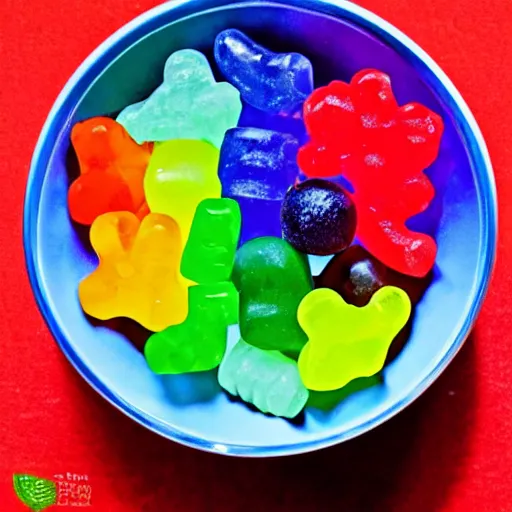 Prompt: translucence of a bowl with multicolored gummy bears