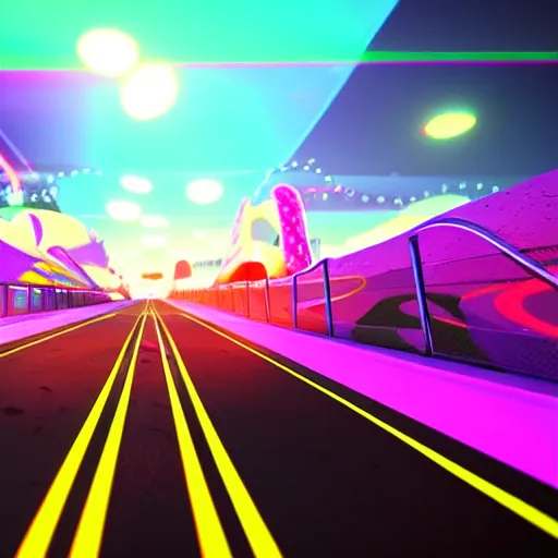 Image similar to a psychedelic racing track in unreal engine, very high detailed, in a game, cinematic view